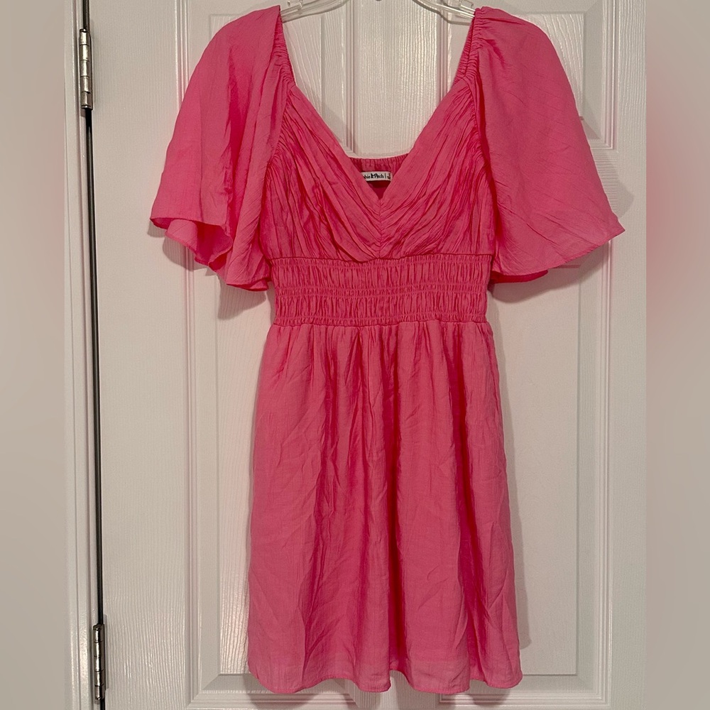 Abercrombie & Fitch Pink V-Neck Flutter Sleeve Midi Dress